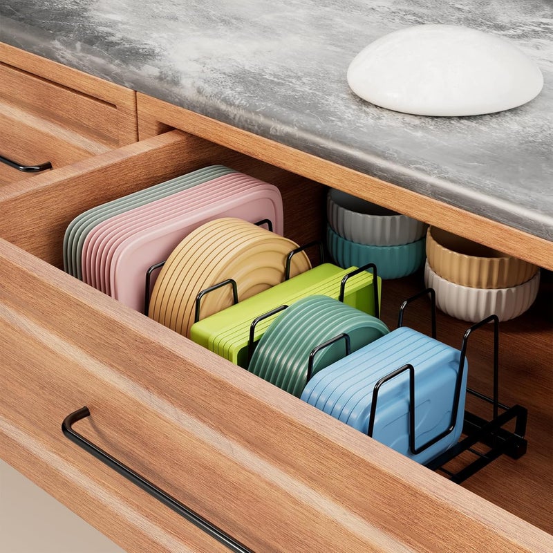 GAGUIUP Premium Adjustable Kitchen Bakeware and Pan Organizer - Food Container Lid Organizer Ideal for Cabinet, Drawers, Cupboard, Pantry Storage, Matte Black - Image 5
